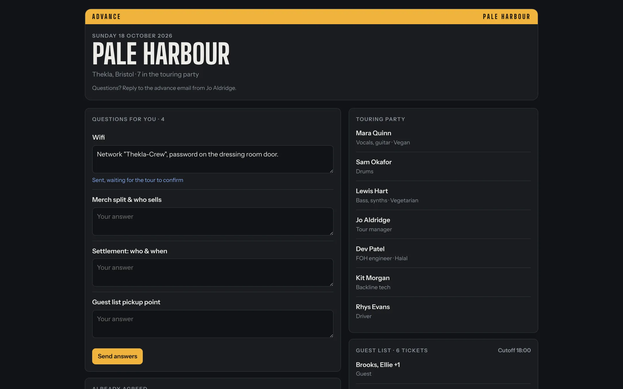 The venue’s private page, with questions to answer, the schedule and the touring party
