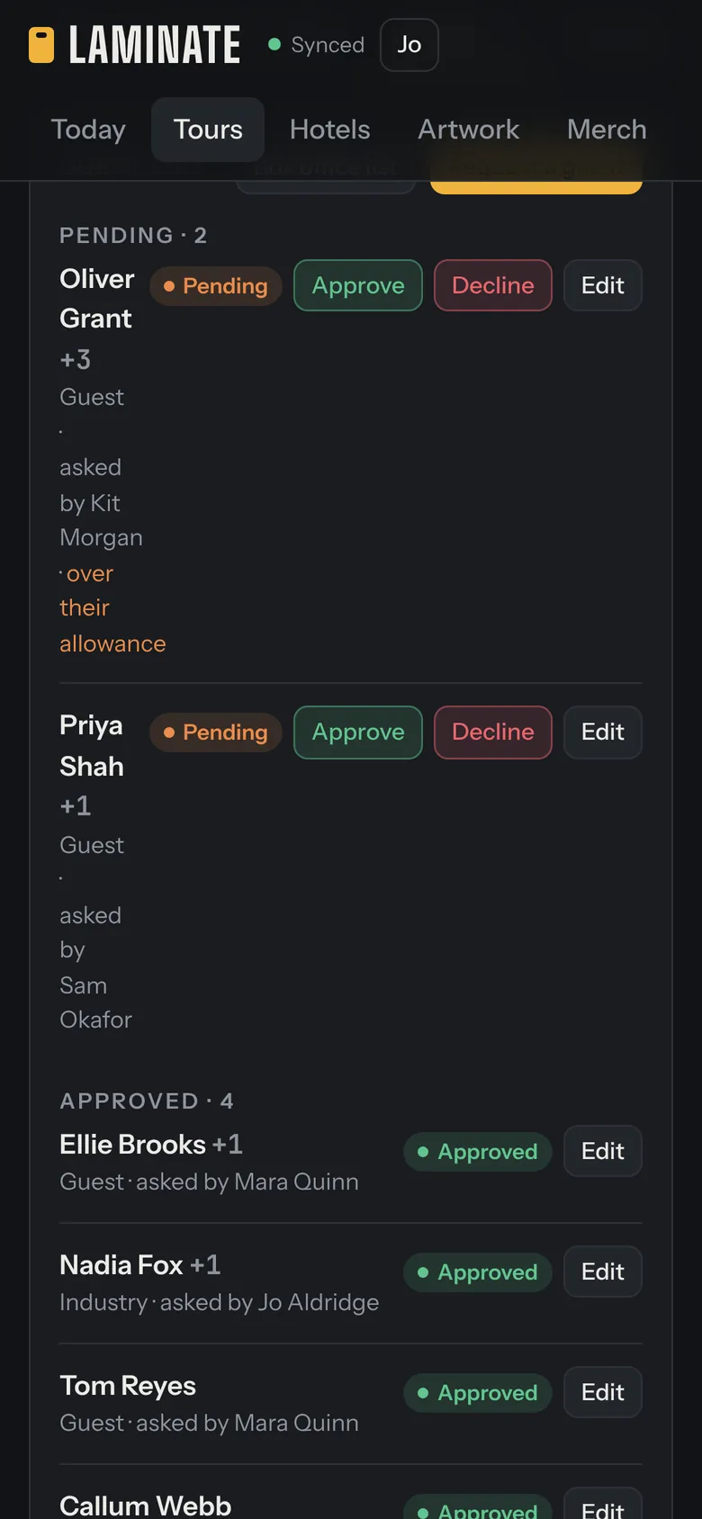 Requesting and approving guests on a phone