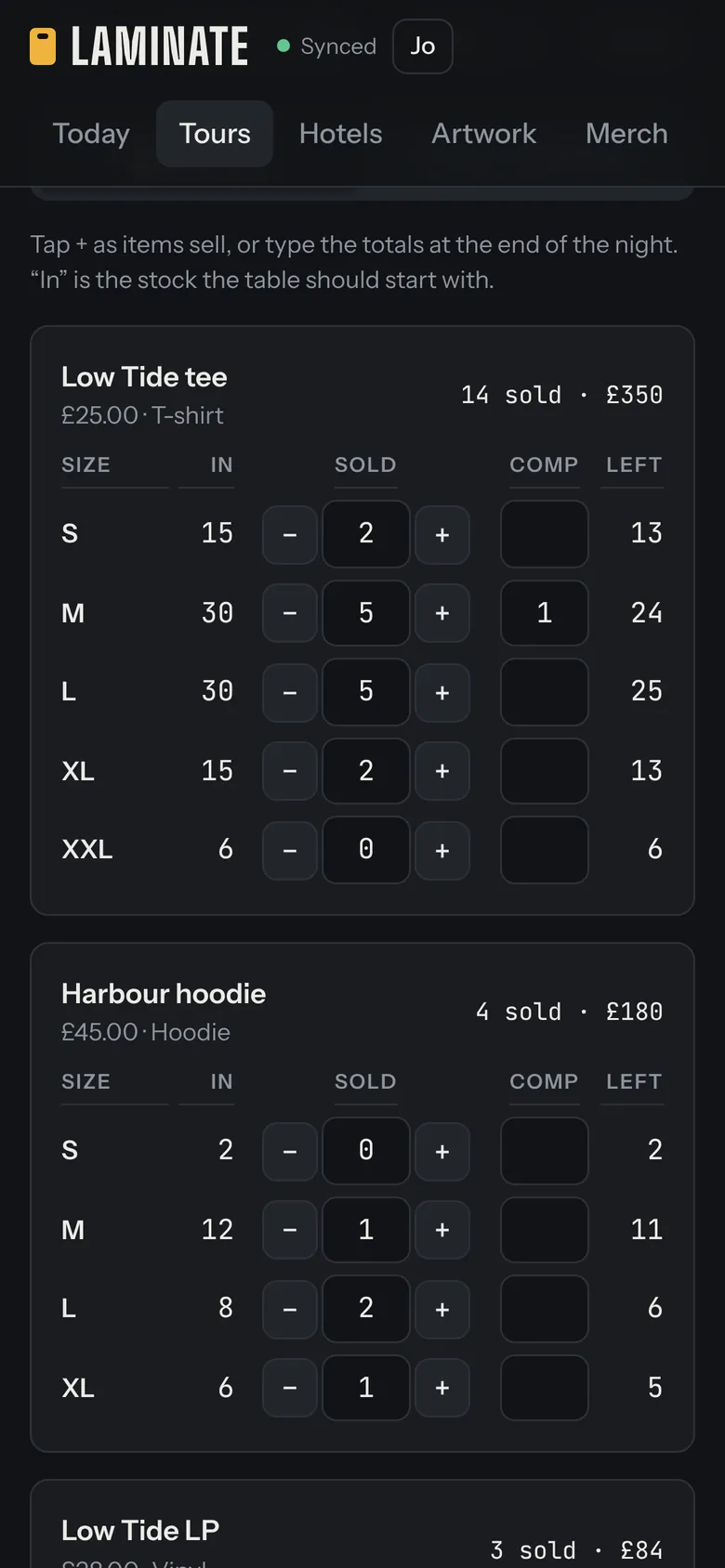Recording a night’s merch sales on a phone
