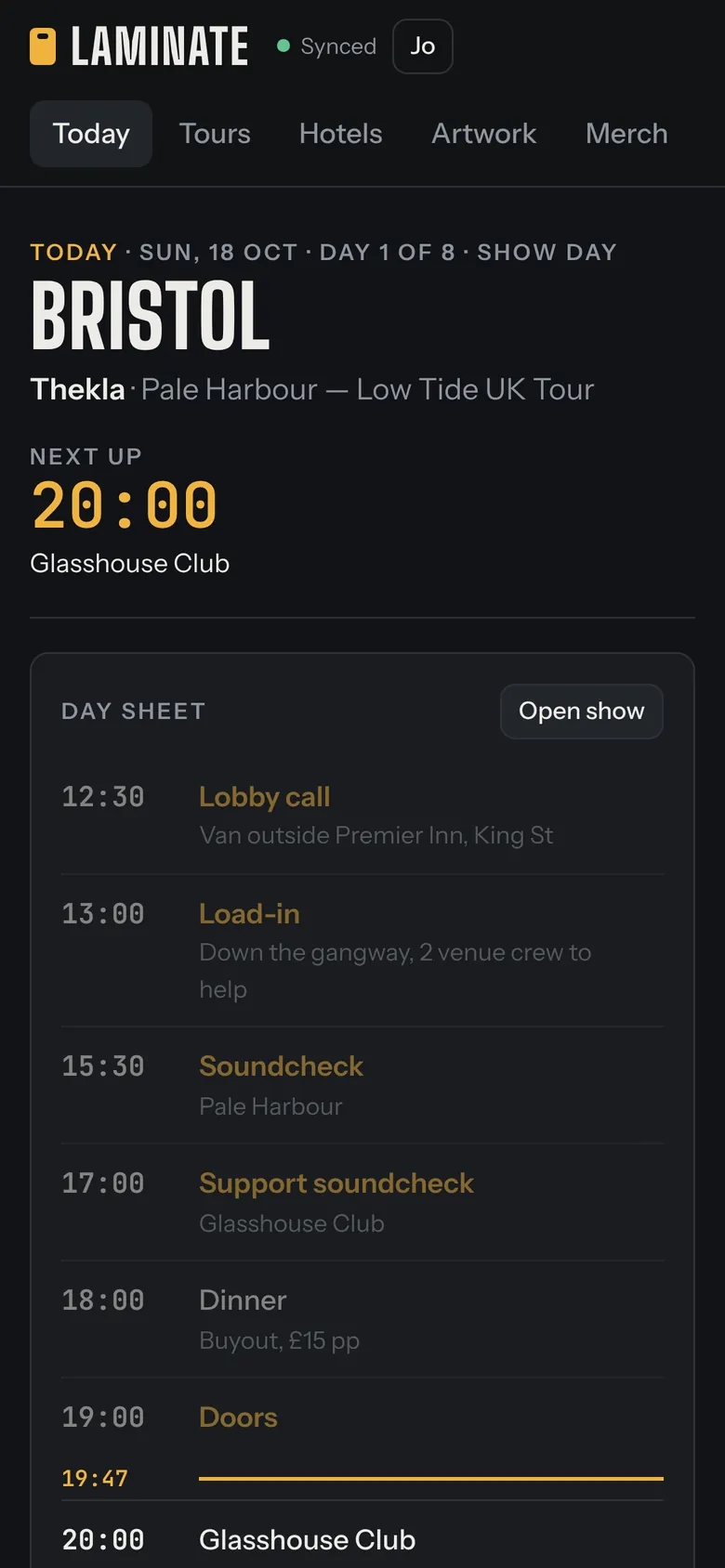 The day sheet on a phone